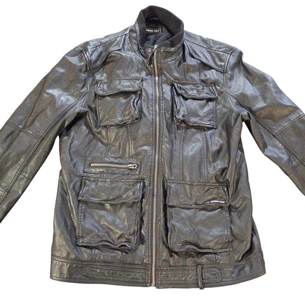 Members Only Mens Faux Leather Multi Pocket Jacket with Removable Hood Black L